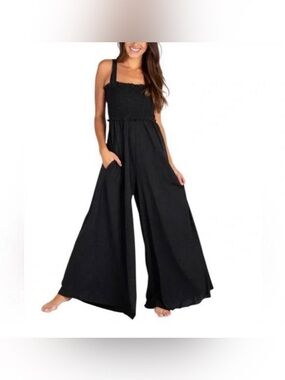 NATURAL LIFE Smocked Wide-Leg charcoal grey Jumpsuit
